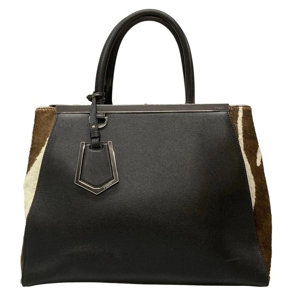 Auth FENDI 2 Jours 8BH250 Dark Brown Cream Leather Unborn Calf Tote Bag